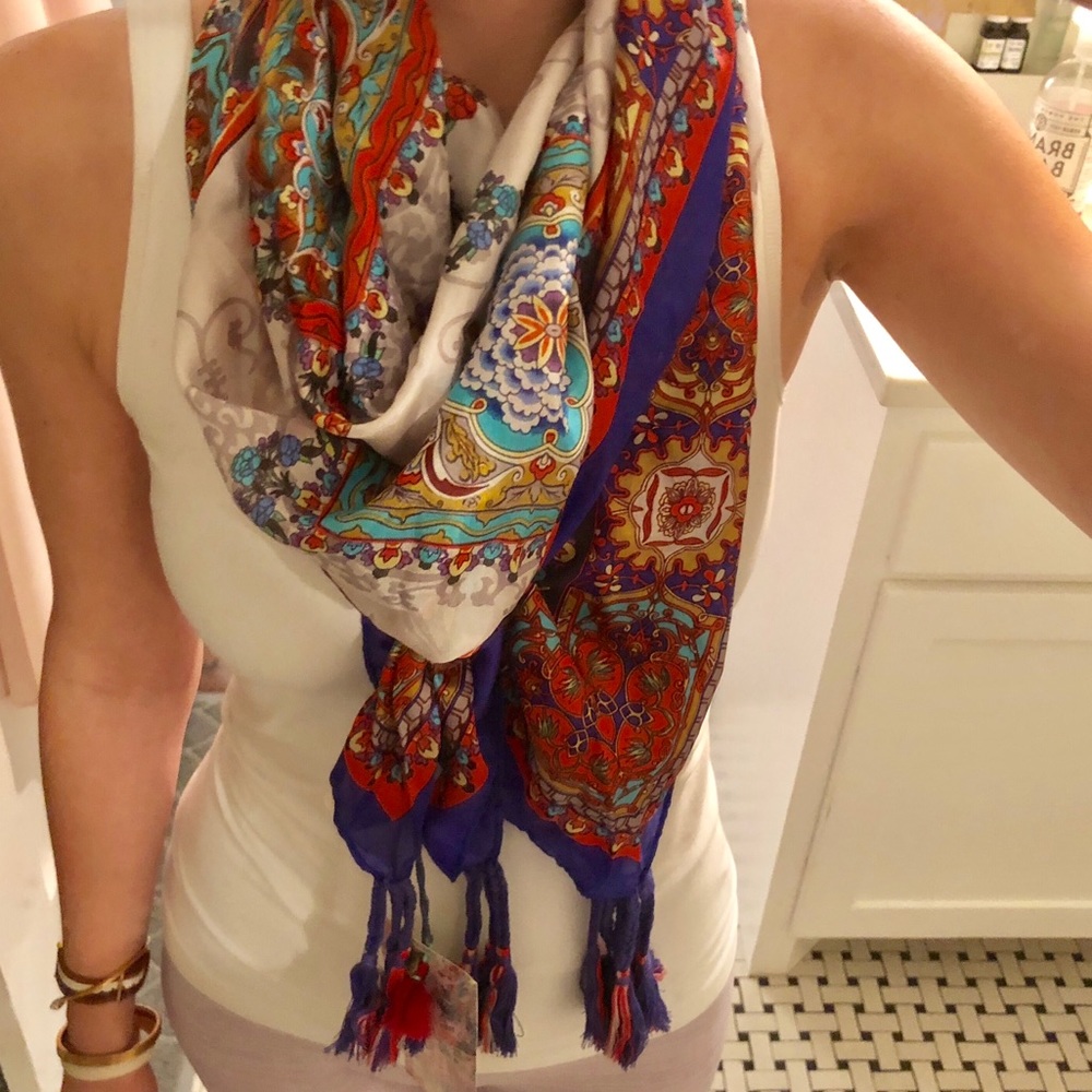 Johnny Was silk Asian print scarf with tassels